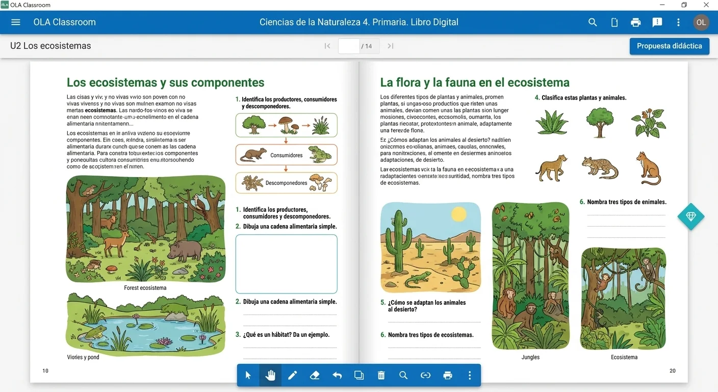 Libro digital de OLA con actividades y recursos de aula demostrativos.